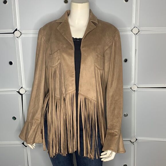 Union Of Angel Tan Fringe Faux Brushed Suede Shawna Jacket Size Medium - Picture 2 of 14